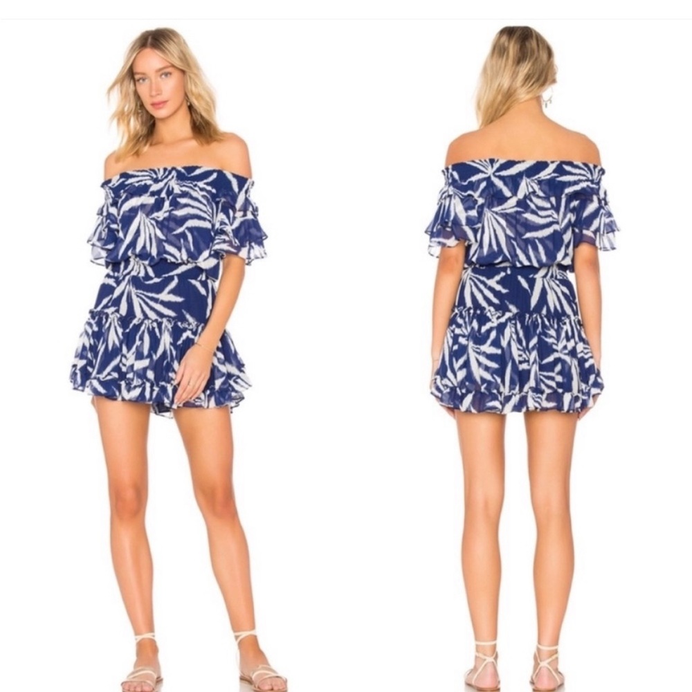 Misa Los Angeles Blue and White Off-Shoulder Mini Dress